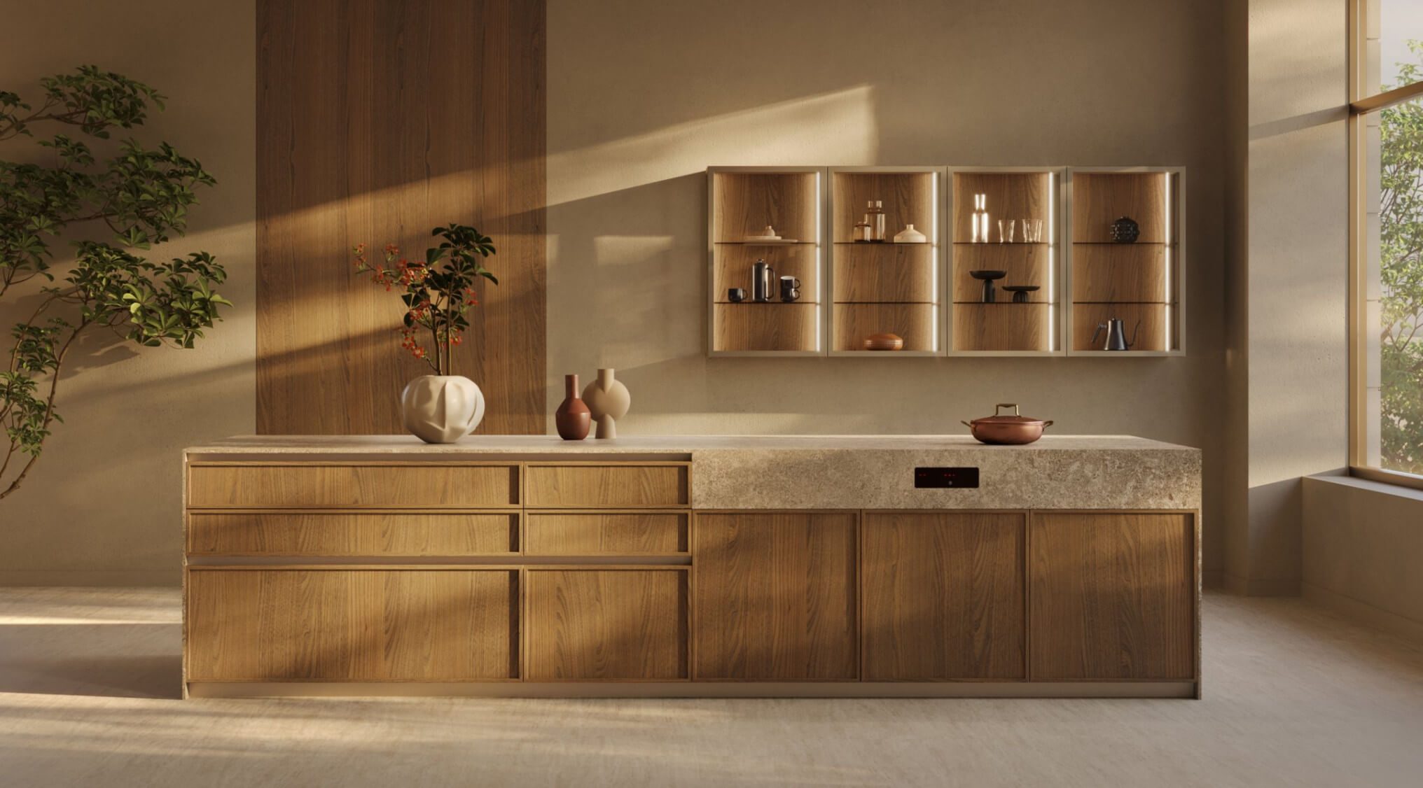 Zecchinon Frame 1.5 kitchen with a wood island and lit open shelving